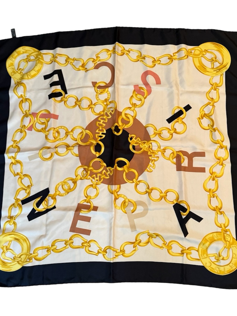 Celine Vintage Chain Motif Square Scarf in Black, Cream & Gold